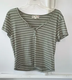 Pink Republic Striped Henley Ribbed Crop Tee – Sage Green & White thumbnail 1