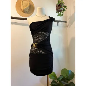 USA De More Y2K Black Stretchy Lace One Shoulder Gold Buckle Dress Size XS thumbnail 13