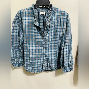 MADEWELL Teal‎ Blue Plaid Ruffle-Neck Popover Blouse Size Medium thumbnail 3