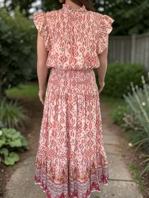 AQUA Boho Smocked Cotton Maxi Dress XL Pink Geometric Flutter Sleeve thumbnail 8