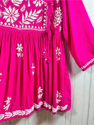 EMBROIDERED Boho Tunic Dress Bright Fuchsia and White, fits XL thumbnail 4
