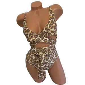 Aerie One Piece Swimsuit Medium Brown Leopard Print Wrap Cutout Tie Front Beach thumbnail 2