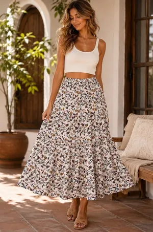 Joe B Floral Tiered Midi Skirt White Rayon Boho‎ Cottagecore Women's Large thumbnail 1