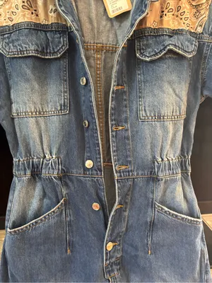 We The Free Blue Denim Short-Sleeve Jumpsuit with Tan Bandana Panels thumbnail 7