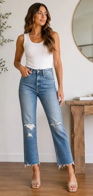 MOTHER High Waisted Rider Ankle Fray Jeans 24 Distressed Straight Blue USA thumbnail 1
