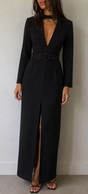 Marciano Black Choker Neck Belted Maxi Dress Small Dark Feminine Quiet Luxury thumbnail 1