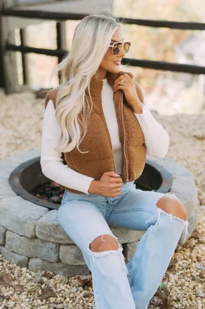 These Three Boutique Shearling Puffer Vest Brown thumbnail 1