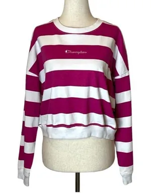 Champion Pink And‎ White Striped Crew Neck Pullover Cropped Sweatshirt Size S thumbnail 1