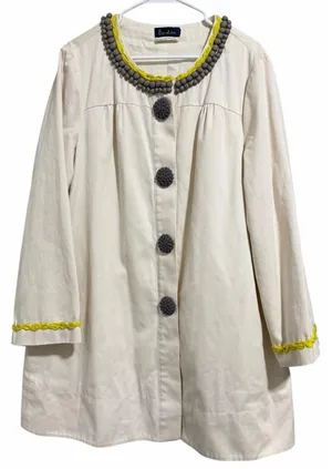 Boden Artisan‎ Cream Coat W/Gray Bobble Buttons & Kiwi Trim Women's Size L/XL thumbnail 1