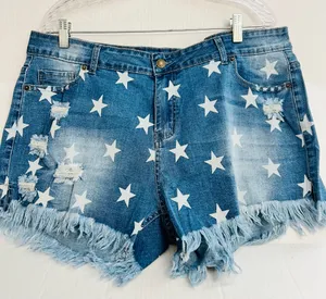 Ladies Star Design Distressed Jean Shorts thumbnail 1