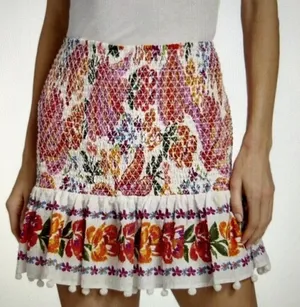 Farm Rio Womens Spring Bananas Smocked Mini Skirt Floral Pom Pom Trim Size M thumbnail 1