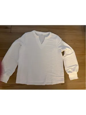 NEW White Long Sleeve Plisse V Neck Career Blouse Shirt L thumbnail 3