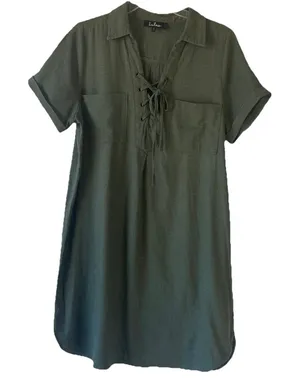 Lulu’s Olive Green Lace-Up Utility Mini Shirt Dress Short Sleeve Size Large thumbnail 1