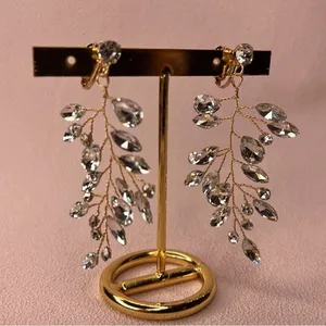Vintage Gems Bridal Rhinestone Vine Clip On Earrings Gold Crystal Dangle thumbnail 3