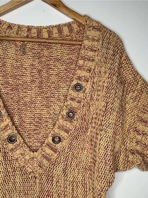 Free People Deep V-Neck Grommet Short Sleeve Chunky Knit Sweater Small thumbnail 2