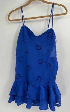 Boho Sleeveless Blue Eyelet Ruffle Dress Size Small Flawed thumbnail 1