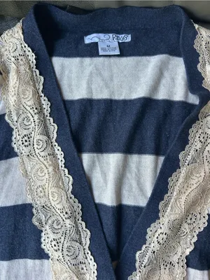 RXB stripped Navy and Cream Lace-Trim Cardigan Sweater thumbnail 5