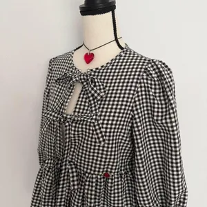Boutique black & white gingham bow tie up blouse with mini red bows & red rosebuds thumbnail 3