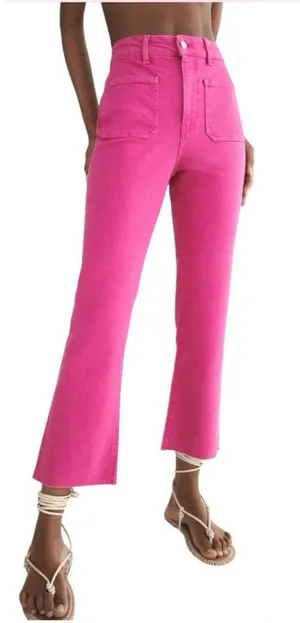 Zara Pink Sailor Cropped Flare Jeans Raw Hem Size 2 thumbnail 1
