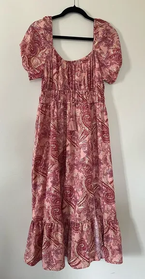 Boho Paisley Midi Dress Large Puff Sleeve Flowy Romantic Tassel Festival thumbnail 1