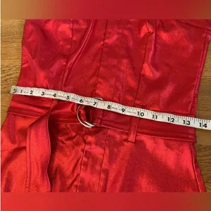 Metallic red strapless midi dress featuring a matching belt and a front slit thumbnail 9