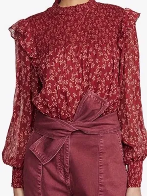 Free People Berry Red Roma Mock Neck Long Sleeved Floral Blouse Medium thumbnail 1