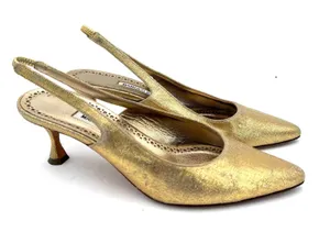 Manolo Blahnik Gold Carolyne Kitten Heel Slingback Pumps Heels Size 36.5 / 6.5 thumbnail 1