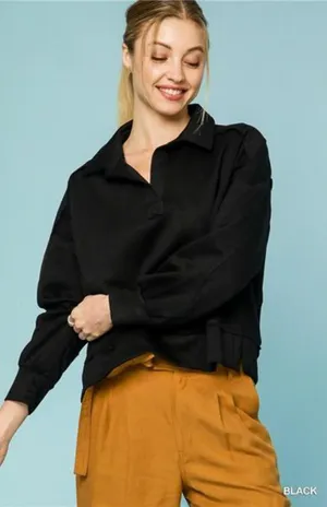 ✨NWT Umgee Collared Neck Long Sleeve Top with Raw Hem Detail thumbnail 1