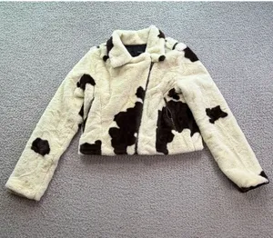 Forever 21 Womens Cow Print Faux Fur Cropped Moto Jacket Biker Zip Cream Brown S thumbnail 1