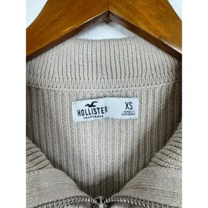 Hollister Womens Full Zip Striped Ribbed Knit Crop Sweater Beige Navy XS thumbnail 3
