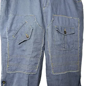 Y2K Linen Cargo Capri Blue Utility Boho Cropped Pants Sz L Button‎ Fly Wide Leg thumbnail 6