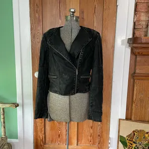 Blanc Noir BNCI Faux Leather Asymmetrical Zip Sleeve Moto Jacket Sz L 💚🎀 thumbnail 3