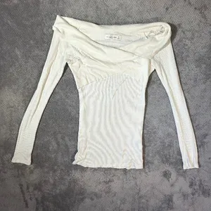 Abercrombie & Fitch Women’s Small Ivory Ribbed Off Shoulder Wrap Long Sleeve Top thumbnail 2