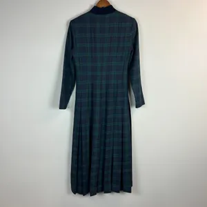 Vintage Tartan‎ Plaid Maxi Dress Womens 4 Green Navy Pleated A-Line Gold Buttons thumbnail 13