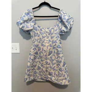 SHEIN MOD Blue White Floral Jacquard Puff Sleeve Mini Dress Large Cottagecore thumbnail 4