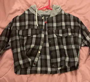 cropped and hooded button up flannel. size small thumbnail 2
