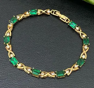 Unsigned Gold-tone Emerald Green & Clear CZ Stone 7.5” Tennis Bracelet 8.7g thumbnail 1