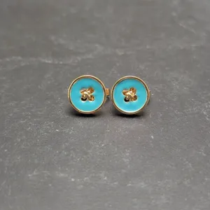 Vintage Clip On Earrings Turquoise Tone & Gold Tone Button Design - Whimsical thumbnail 2