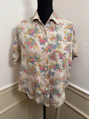 Vintage Rosettes Floral Linen Blend Top Cottage Button Up Short Sleeve Blouse thumbnail 1