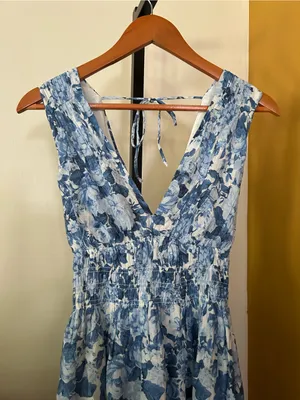 Abercrombie & Fitch Crinkle Shirred Waist Maxi Dress Floral Blue White‎ NEW XS thumbnail 6