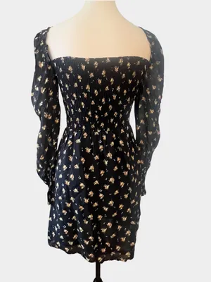 Maje Rithik Black Camel Floral Smocked Mini Dress Size 36 US 4 Small thumbnail 7