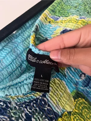 Y2K Tropical Strapless Blue Green Smocked Midi Dress Large 100% Cotton Resort thumbnail 8