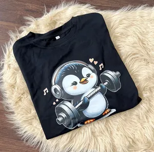 Weight Lifting Penguin Graphic Crop Top Cotton M Black Multi Workout Shirt thumbnail 1