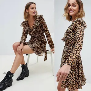 Free People Frenchie Leopard Print Georgette Mini Wrap Dress Boho Ruffle XS thumbnail 2