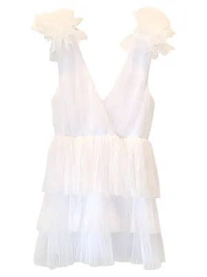 Sz L Lulus Dramatic Arrival White Tulle Tiered Surplice Mini Dress thumbnail 4