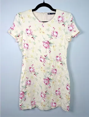 Zara Medium Dress Womens Floral Short Sleeve 90s Style‎ Yellow Pink Roses Lined thumbnail 1