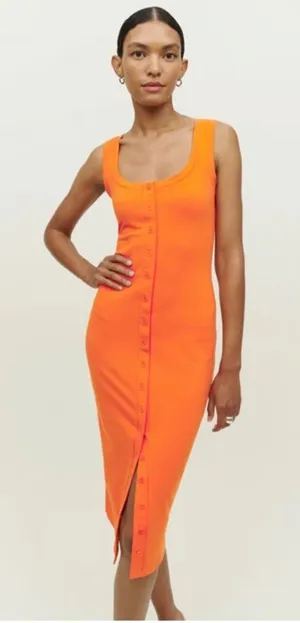 Reformation Dante Midi Dress Button Stretchy Orange Size Large thumbnail 1