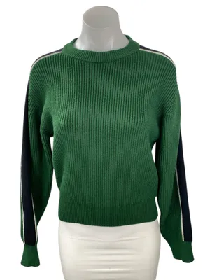 Zara Green Ribbed Crew Neck Shoulder Stripe Long Sleeve Sweatshirt Sweater Top M thumbnail 1
