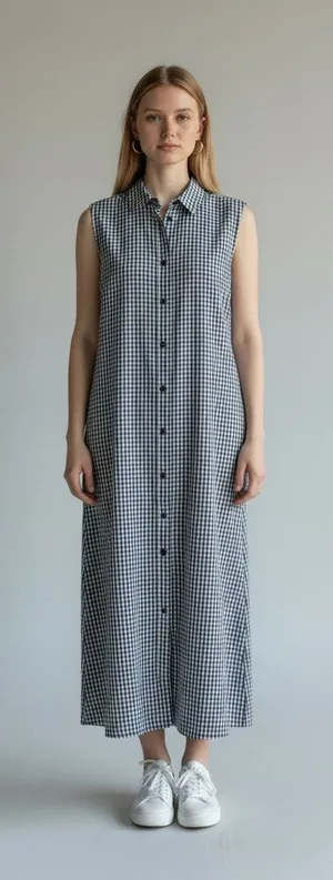 VTG 90s Y2K Cherokee Gingham Sleeveless Button Front Midi Shirt Dress M thumbnail 1