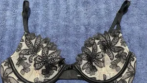 Victoria's Secret very sexy rhinestone low cut Demi black beige sheer bra thumbnail 1